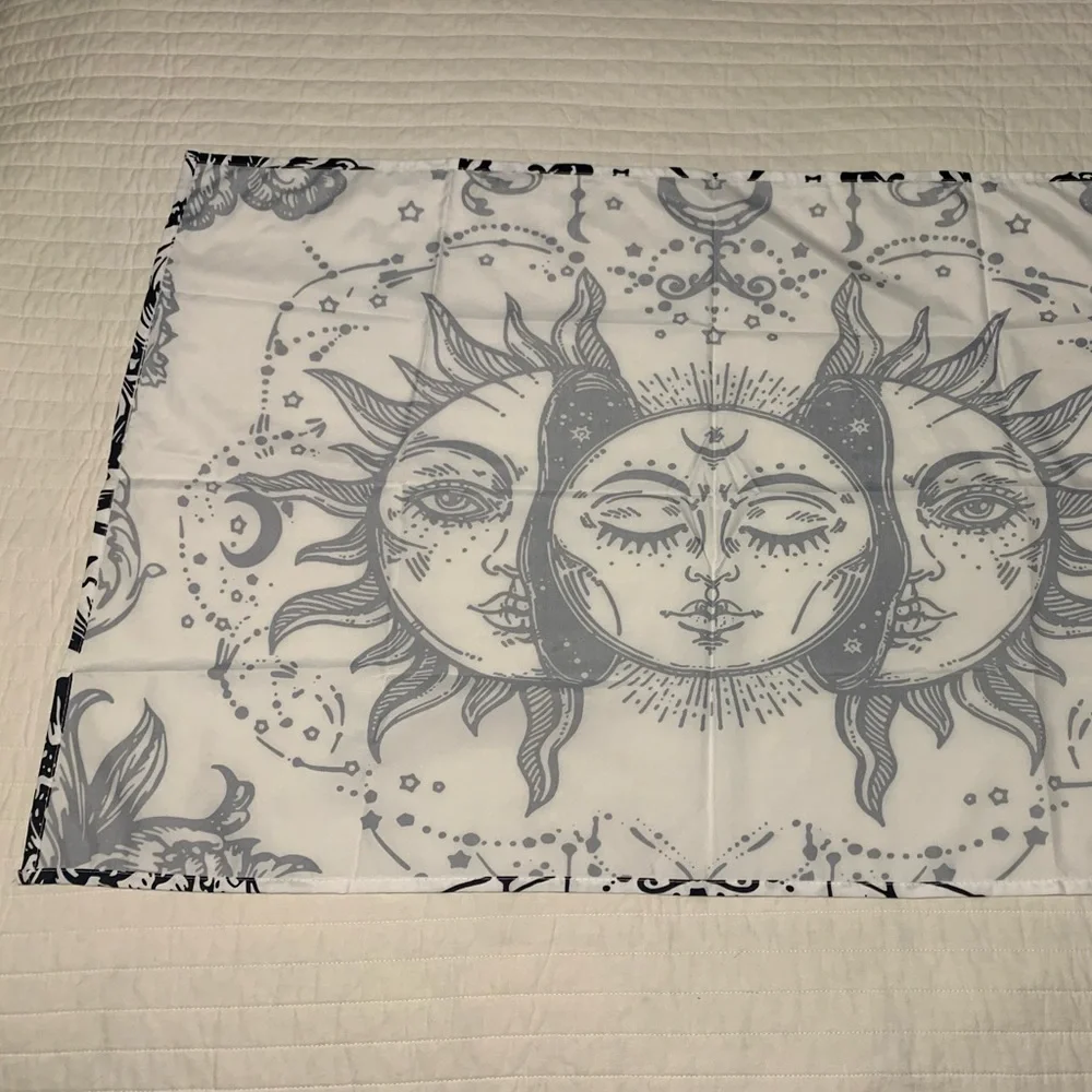 White And Black Tapestry Moon Plases Sun Solar Face Star Floral Ray Eclipse Half